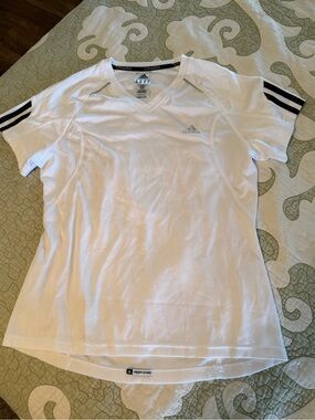 adidas White Short Sleeve V-Neck Athletic Tee with Black Stripe Accent